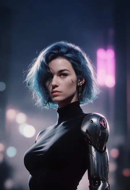 score_9, score_8_up, score_7_up, cyborg, ar3na1989, 1girl, blue hair, (neon purple light), pop singer, (bokeh), sci-fi, dark atmosphere, moody, aesthetic,