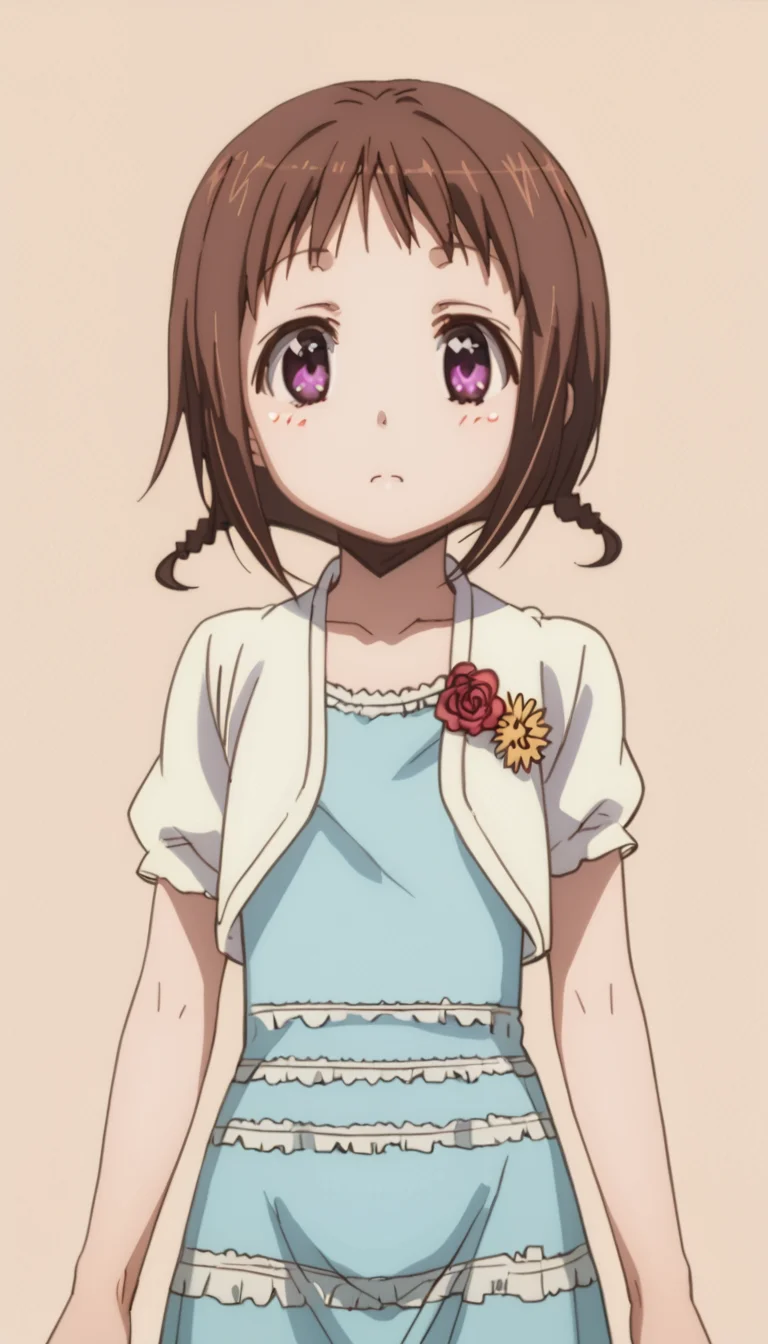 misatowakana,brown hair,purple eyes,short braids,dress,(flower:0.6),<lora:Misato_Wakana-000010:1>,simple background,