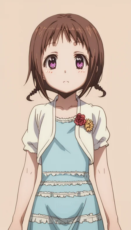 misatowakana,brown hair,purple eyes,short braids,dress,(flower:0.6),<lora:Misato_Wakana-000010:1>,simple background,