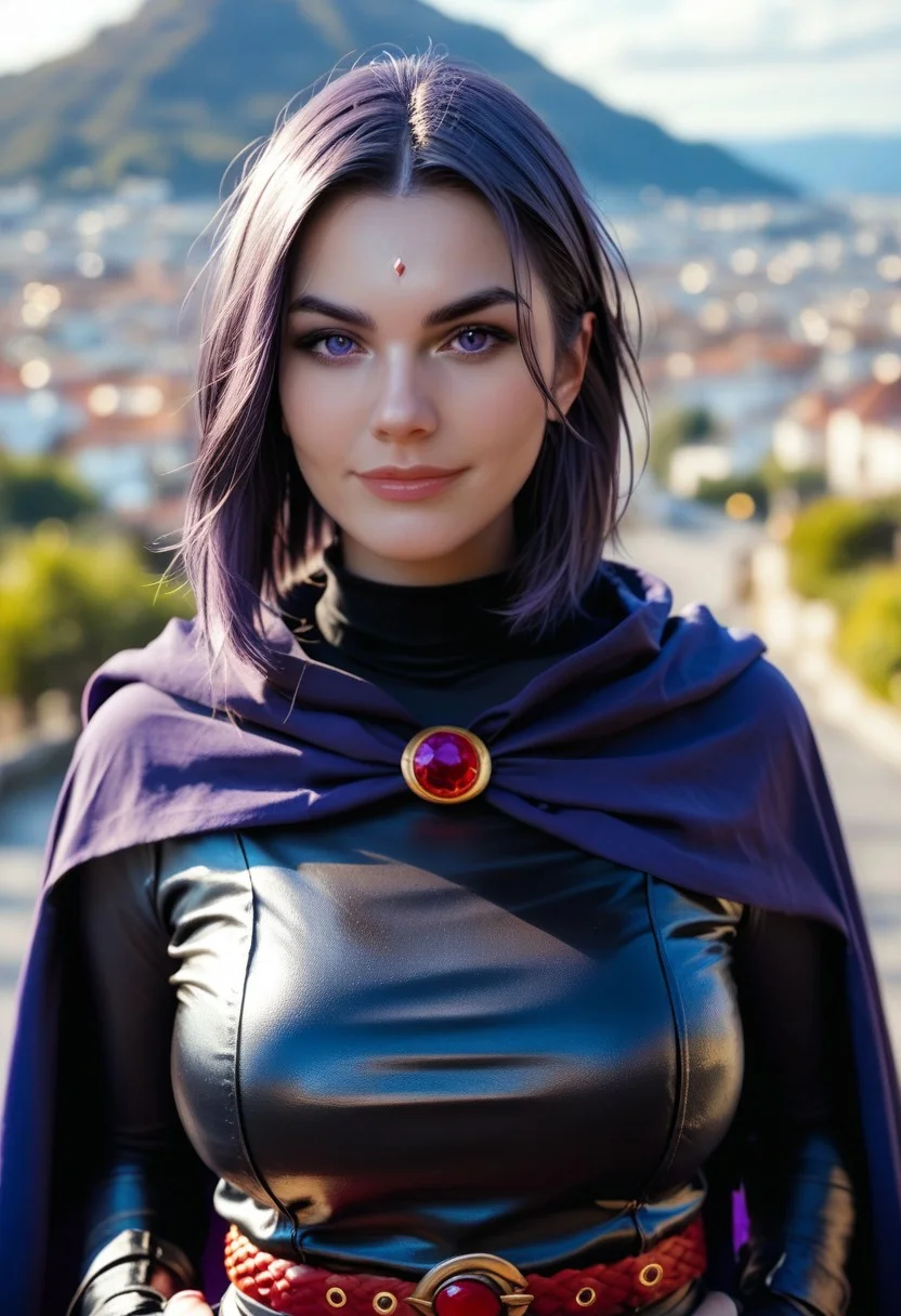 score_9, score_8_up, score_7_up, score_6_up, score_4_up, score_4_up, BREAK, RAW, zPDXLrl,source_photo, detailed face, sharp lines, face focus, portrait, woman, MAT001, Jed-rvn, Raven costume, long purple cloak, form-fitting black leotard, belt, black boots, Fingerless black gloves, pantyhose, white pantyhose, large breasts, curvy, dramatic lighting, enigmatic, perfect eyes, perfect hands, realistic hands, slight smile,hands on hips, outside, city landscape, vibrant colours, high contrast, traditional media, dramatic shadows, highly detailed, detailed skin, depth of field, film grain,real life photo, raven's gem enbedded in forehead