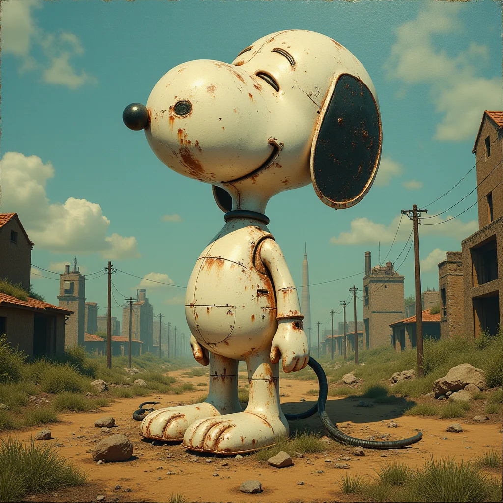 oil painting of Dystopian art featuring a dilapidated nostalgic Snoopy idol statue, strategic layering,digital 3D rendering , <lora:DystopianFluxV1C:1>