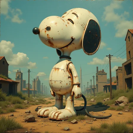 oil painting of Dystopian art featuring  a dilapidated nostalgic Snoopy idol statue, strategic layering,digital 3D rendering , <lora:DystopianFluxV1C:1>