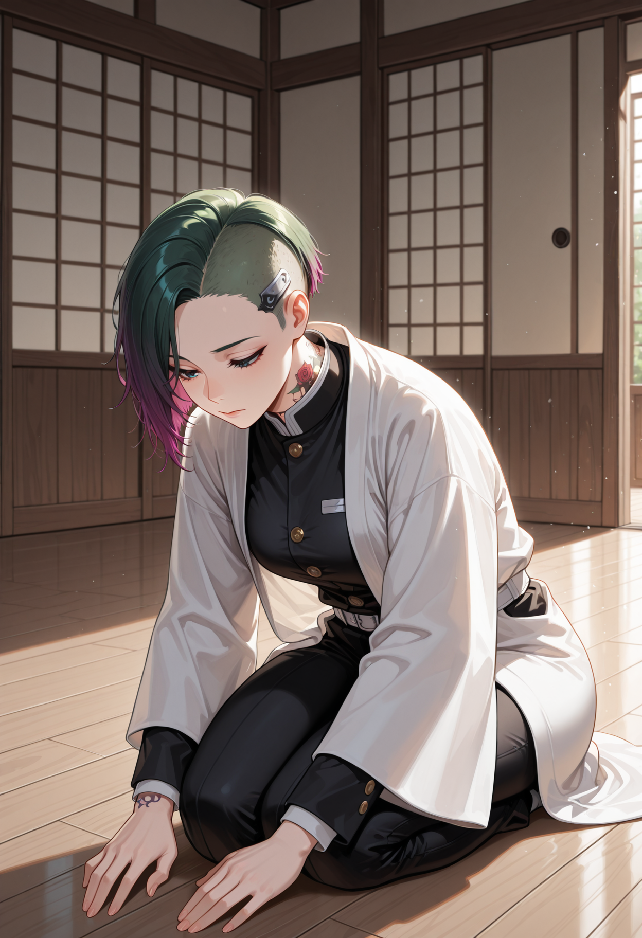 masterpiece, best quality, highres, absurdres, 1girl, solo, jdalvrz, neck tattoo, short hair, gradient hair, green hair, purple hair, asymmetrical hair, undercut, sidecut, demon slayer uniform, white haori, long sleeves, black jacket, d0j0, indoors, sliding doors, sunlight, dogeza, black pants, wooden floor, east asian architecture
