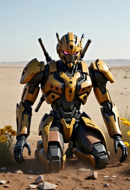 The gundam is rusted and broken, exposed wires and mechanic parts are sparking and on fire, one of the Gundams eyes glows red and the rest of its face is damaged. The gundam is missing an arm and kneels on a deserted battlefield. dust, debris and smoke surround the gundam. yellow flowers grow in the dirt