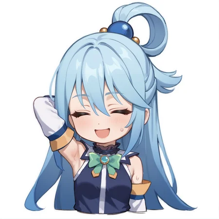 score_9, score_8_up, score_7_up, rating_safe, zPDXL2, zPDXLxxx, zPDXL3, source_anime, <lora:GenshinChibi:1.2>,
GenshinChibi, chibi, aqua \(konosuba\), aqua, long hair, hair ornament, very long hair, blue hair, hair rings, single hair ring, hair bobbles, bare shoulders, detached sleeves, blue shirt, green bow, white background, arm behind head, :d, sweat, happy, smile, closed eyes,