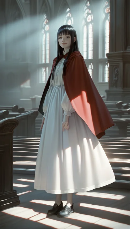 score_9,score_8_up,score_7_up,
<lora:Leanne:0.8>,
leanne,
highres,photorealism,
1girl,solo,pale skin,black hair,long hair,blunt bangs,red cape,blue eyes,looking at viewer,smile,long white dress,black flat shoes,full body,standing,
indoors,church,bloom,