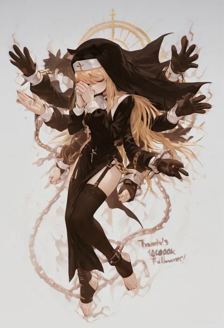 masterpiece, best quality, amazing quality, very aesthetic, absurdres,  sonic \(series\), 
  Perfect Hand,
tmosth, flat color, black shading, sloppy coloring, hatching \(texture\), furry,   simple background, gloves, white background, animal ears,,  furry,   site, 2furry
 sonic 1girl, black dress, black thighhighs, blonde hair, breasts, chain, cross, dress, extra arms, floating, full body, garter straps, habit, long hair, long sleeves, milestone celebration, nun, own hands together, pelvic curtain, praying, solo, thank you, thighhighs, toeless legwear, veil, very long hair, in air, One hand closes his eyes