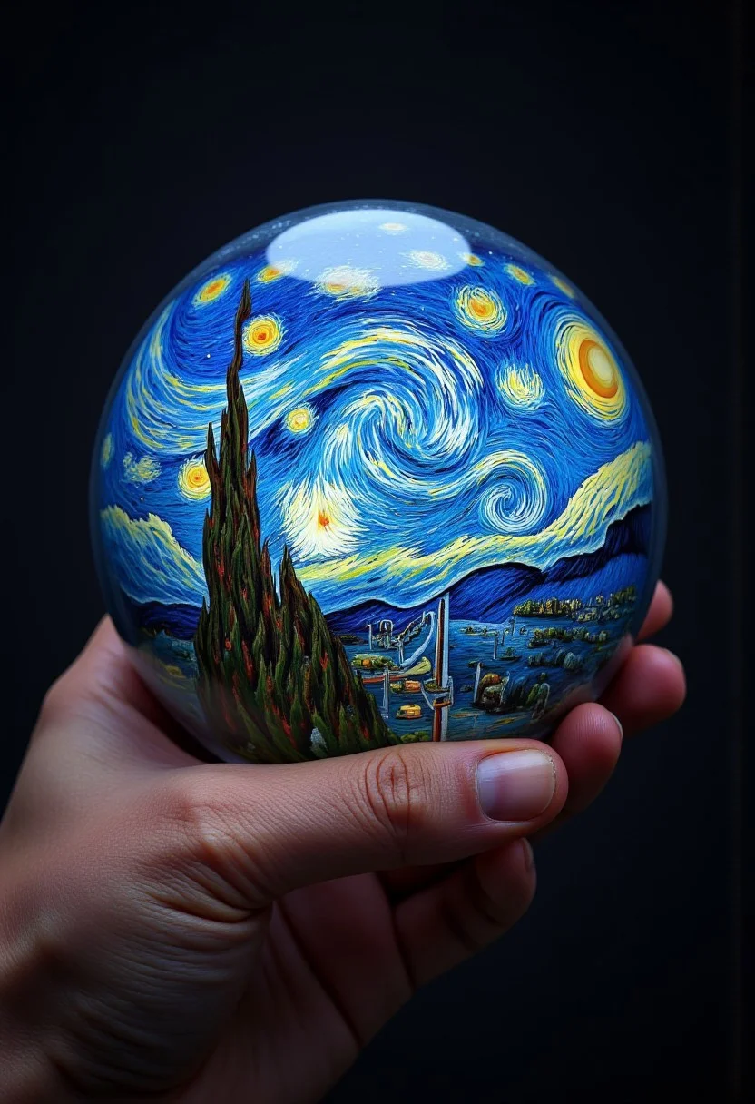 A painting by Alex Grey of starry night by Vincent van Gogh, drawing, professional artist, vibrant colors in dark tones, night illuminating, forests, mystical HDR, 32K, contained within a glass orb, The orb is held in a hand, with visible muscle definition and fine details.