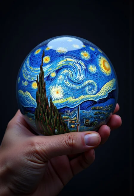 A painting by Alex Grey of starry night by Vincent van Gogh, drawing, professional artist, vibrant colors in dark tones, night illuminating, forests, mystical HDR, 32K, contained within a glass orb, The orb is held in a hand, with visible muscle definition and fine details.