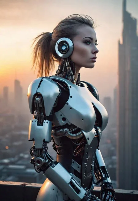 (1woman), robotic face, robot, ((fit, strong), Cyberpunk, city, skyline, ((architectural detail)), sunset, foggy, dystopian, (immaculate, high detail), photo realism, sony alpha 9 photo, epic, epic photo, (((gorgeous beauty)))