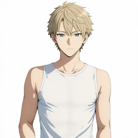 ASCII masterpiece, best quality, full body portrait, loid_forger, 1man, sleeveless undershirt, slim lean body, sexy pose, (blue eyes, perfecteyes), in front of a (plain white background: 1.2), 4k, 8k, intricate detail, soft warm lighting,