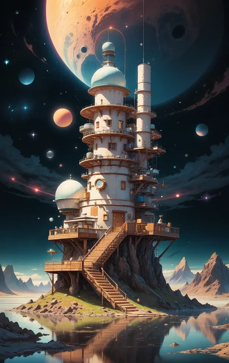 a Pictorialist style shot of Chef, Mountains Rotunda,Chair Rail,Astronomical Observatory, <lora:Cosmic anime-oil fusion v2:1>