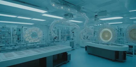 a complex thick bifurcated robotic cnc surgical arm cybernetic symbiosis hybrid mri 3 d printer machine making some iridiscent squid embryo organic ceramic fractal forms in inspection laboratory control panel room, lcd screens, knobs, drone camera lens orbs, 3 point lighting, highly detailed larval stage, natural color scheme, photo still from movie by denis villeneuve, <lora:JuggerCineXL2:1.0>