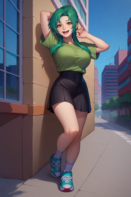 score_9, score_8_up, score_7_up, score_6_up, source_anime, 1girl, solo, <lora:elincia-pdxl-nvwls-000005:1> rndElincia, green hair, hair bun, long hair, braid, brown eyes, green t-shirt, black skirt, looking at you, smile, happy, open mouth, arm up, city, blue sky, sneakers, socks, full body, large breasts