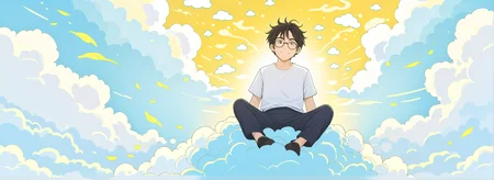 akirat2024, 1man sitting on nimbus cloud, yellow cloud, floating through sky, best quality, illustration, manga, glasses, white shirt, Pastel Drawing, soft colors, cute proportions, simplified features, comedic effect