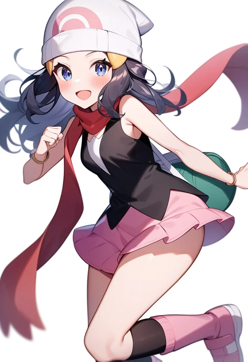 masterpiece,best quality,very aesthetic,absurdres,<lora:dawn_(pokemon)_v3:1>,highres, :d, bag, white_hat, red_scarf, small_breasts, absurdres, blush, simple_background, 1girl, solo, bad_pixiv_id, hairclip, black_shirt, bracelet, sleeveless_shirt, white_background, pink_footwear, running, black_socks, miniskirt, leg_up, looking_at_viewer, kneehighs, bad_id, open_mouth, dawn_\(pokemon\), pink_skirt