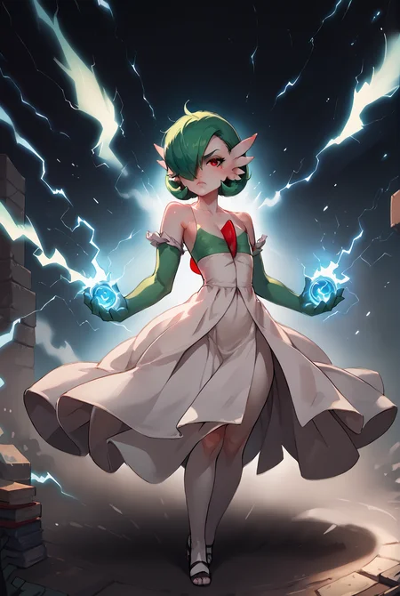 score_9, score_8_up, score_7_up, score_6_up, score_5_up, score_4_up, <lora:gardevoir_v2:1> gardevoir, white dress, creature, game freak, nintendo, pokemon, bangs, colored skin, female focus, flat chest, gen 3 pokemon, green hair, green skin, hair over one eye, multicolored skin, red eyes, short hair, two-tone skin, white skin, serious face, mad, charging, full body, <lora:Super_Saiyan_4_Goku_Anime:1>, <lora:asanagiArtistStylePonyxl_loraLocon:0.8>, <lora:incase-ilff-v3-4:0.8>, <lora:BoldCAT_P3:1>, energy, aura, electricity, black orb, red electricity, highly detailed, absurdres,