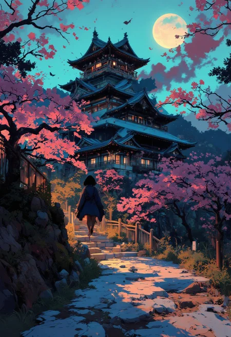 anime art, pscho_4rt, a breathtaking ultra-HD anime-style illustration of a electro_style, cowboy, masterpiece, best quality, newest, absurdres, highres, by an ancient japanese edo castle, sunset, ink artwork, sharp color, sakura trees in the background, moon in background. The atmosphere is tranquil yet powerful, evoking a sense of nostalgia and wonder. Highly detailed character, precise silhouette, cinematic lighting, ultra-realistic textures, dreamy and immersive composition, masterpiece. mainly blue and pink colours