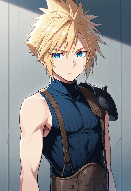masterpiece,best quality,amazing quality, source_anime,
SoutouKumo, 1boy, male focus, solo, blue eyes, blonde hair, spiked hair, shoulder armor, single bare shoulder, sleeveless turtleneck,