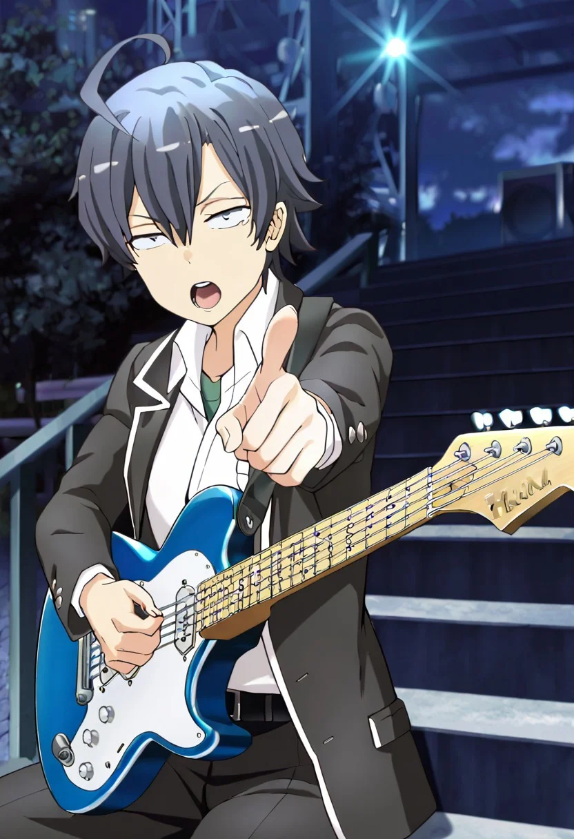 (masterpiece, best quality:1.4), looking at viewer, cowboy shot, outdoors, stairs, sitting, hachiman hikigaya Oregairu, ahoge, grey eyes, black pants, school uniform, black jacket, open jacket, white shirt, belt, playing instrument, electric guitar, singing, pointing at viewer, stage lights, dark background, ,masterpiece,best quality,amazing quality, <lora:hachiman_hikigaya_v1:0.7>