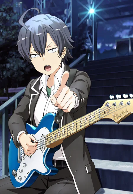 (masterpiece, best quality:1.4), looking at viewer, cowboy shot, outdoors, stairs, sitting, hachiman hikigaya Oregairu, ahoge, grey eyes, black pants, school uniform, black jacket, open jacket, white shirt, belt, playing instrument, electric guitar, singing, pointing at viewer, stage lights, dark background, ,masterpiece,best quality,amazing quality, <lora:hachiman_hikigaya_v1:0.7>