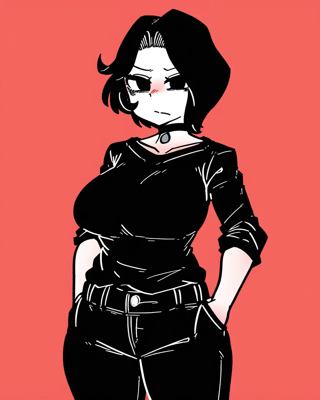 badassbaal, masterpiece, best quality, high quality, absurdres, very awa, 1girl, solo, doomer girl, pale skin, black hair, black shirt, black pants, <lora:noobaivpred075_doomer_girl:1> cowboy shot,