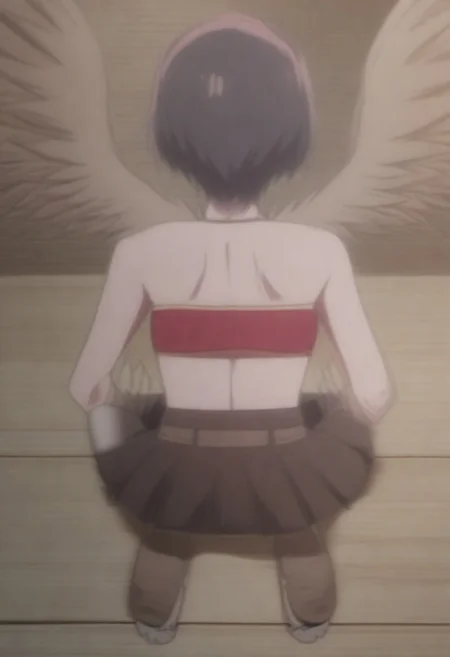 score_9, score_8_up, score_7_up, source_anime, absurdres, <lora:seirei_gensouki_-_ uzuma:1>, uzuma, short_hair, wings, black_hair, hairband, bare_shoulders, feathered_wings, midriff, brown_eyes, jewelry, necklace, skirt, red_hairband, crouching_stance, prepared_look, narrowed_eyes, vigilant, low_stance, sharp_focus, ready_for_battle, intense_aura, makoto_shinkai, from_above, backlighting, bright_colors, watercolor, emotional, cinematic, aldia_wilderness, rugged_terrain, glowing_bonfire, scattered_camps, dynamic_shadows, soft_wind, adventurous_vibe, wild_nature, distant_mountains, vibrant_trees, rustling_leaves, untamed_energy, serene_night, quiet_exploration, furry