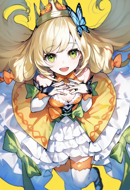 score_9, score_8_up, score_7_up, score_6_up, <lora:MikaPikaZoXL_Js2_lokr_V42310:0.95> 1girl, butterfly hair ornament, crown, green eyes, solo, blonde hair, dress, long hair, hair ornament, looking at viewer, open mouth, smile, small breasts, thighhighs, breasts, detached sleeves, teeth, bow, upper teeth only, bare shoulders, very long hair, orange bow, princess, wrist bow, dress bow, white thighhighs, :d, yellow dress, flower, yellow background, hair flower, white dress, hand on own chest, bridal gauntlets, green bow