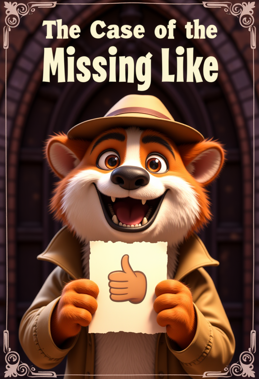 Book cover. The furry detective in a hat and trench coat holds a piece of paper with Thumbs Up emoji in it. The book title is written at the top of the image: "The Case of the Missing Like".
<lora:Cute_3d_Cartoon_Flux:0.6>