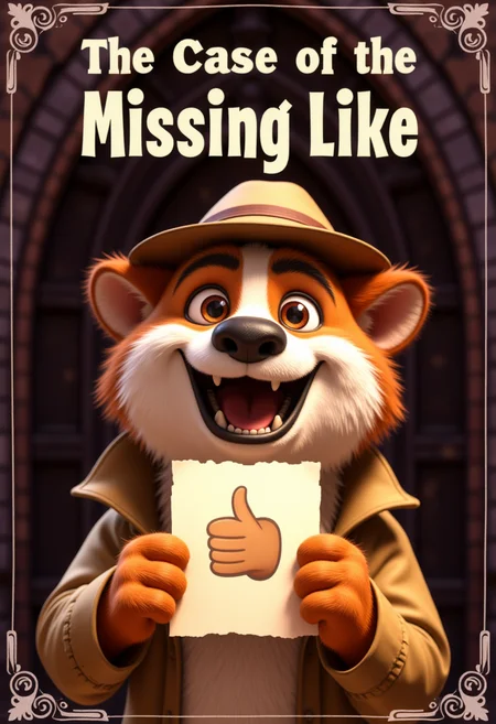 Book cover. The furry detective in a hat and trench coat holds a piece of paper with Thumbs Up emoji in it. The book title is written at the top of the image: "The Case of the Missing Like".
<lora:Cute_3d_Cartoon_Flux:0.6>