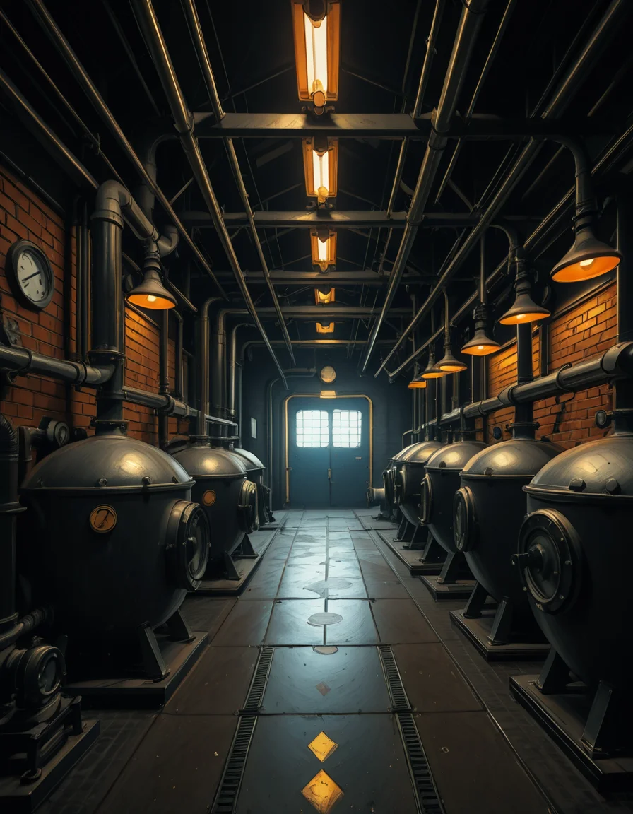 A highly detailed and realistic photograph of an industrial boiler room filled with large metal boilers, complex pipe systems, and pressure gauges. The room is dimly lit with a mix of warm yellow lighting from overhead industrial lamps and cool blue reflections from metallic surfaces. The air is slightly hazy with steam escaping from some of the pipes. The floor is made of reinforced concrete with visible stains from oil and water. Various control panels with blinking LED indicators and warning signs are mounted on the walls. The atmosphere is rugged and mechanical, evoking a sense of power and industrial efficiency. The depth of field is sharp, capturing intricate details such as rust on old pipes, the texture of the metal surfaces, and the labels on the control panels. The composition emphasizes symmetry, with pipes and machinery creating a structured, almost futuristic aesthetic.
<lora:SDXLFaeTastic2400:0.4> <lora:extremely_detailed:0.4> extremely detailed, <lora:industrial_boiler_room-i:1>,industrial b01l3r r00m, Masterpiece,best quality,hi res,8k,hi res,8k,award winning,(sharp focus, intricate, highly detailed),