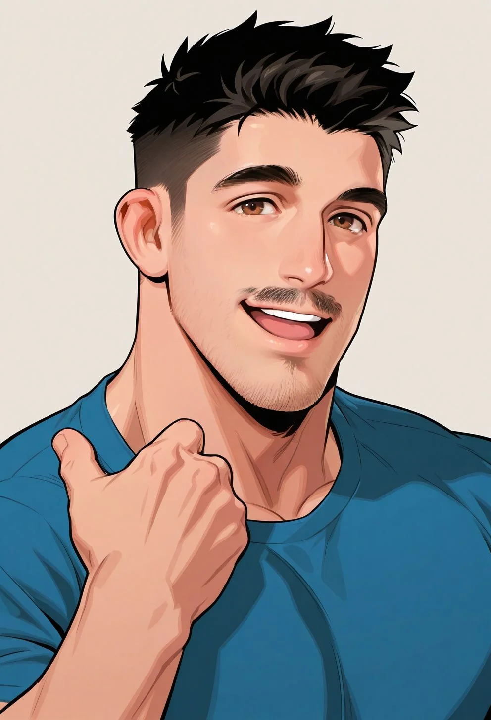front view,flat color,simple background,
1boy,bara,muscular male,mustache,brown eyes,black hair,blue t-shirt,
smile,happy,upper teeth only,looking at viewer,
very awa,masterpiece,best quality,absurdres,newest,perfect quality,detailed background,intricate details,
<lora:dd-vc:1>,