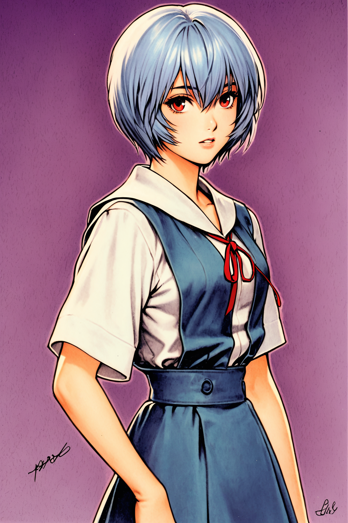 1girl,ayanami rei,solo,red eyes,short hair,school uniform,blue hair,tokyo-3 middle school uniform,signature,short sleeves,hair between eyes,suspender skirt,purple background,bangs,purple theme,shirt,cowboy shot,looking to the side,skirt,white shirt,looking at viewer,parted lips,suspenders,traditional media,
<lora:shinkiro_XL_v2:0.8>,
