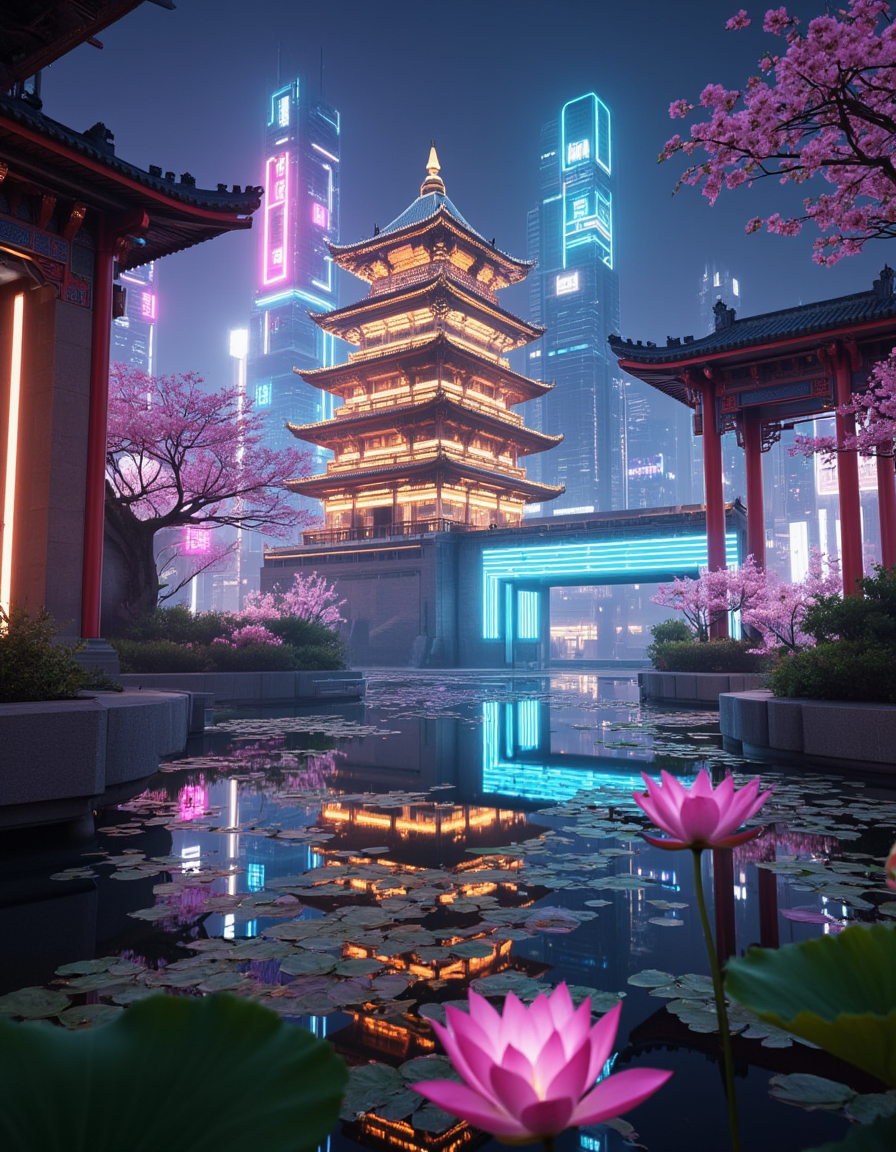 <lora:Cyberpunk_Temples_flux:1>  ct_flux, photo, A mesmerizing fusion of traditional Eastern architecture and futuristic cityscape. At the heart of the scene stands a magnificent multi-tiered pagoda, glowing with golden interior light and outlined by cyan-lit eaves. Surrounding the pagoda are serene waters reflecting the vibrant scene, adorned with blooming pink lotus flowers and cherry blossoms that add a delicate, organic contrast to the technological backdrop. Towering skyscrapers with neon signs in pink and blue pierce the misty night sky, suggesting a dense, futuristic metropolis. Traditional red columns and curved rooftops frame the scene, preserving the timeless elegance of classical design. The carefully manicured garden in the foreground adds to the atmosphere of calm and reflection. This juxtaposition of nature, heritage, and high-tech architecture creates a visually striking, dreamlike harmony.