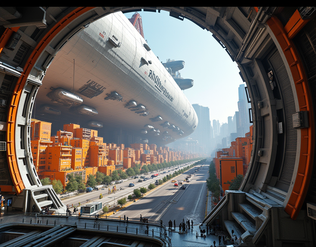 <lora:Space_Worlds_01__Poetic_fluxbeta4:1> sw01p_flux. photo. inside view of a huge mothership. in the mothership there is a cyberpunk city with high orange buildings. On the side of the mothership, some airships fly and are about to enter the city in the mothership. In the cyberpunk city in the huge mothership, there is also a highway and some roads with very tiny traffic.