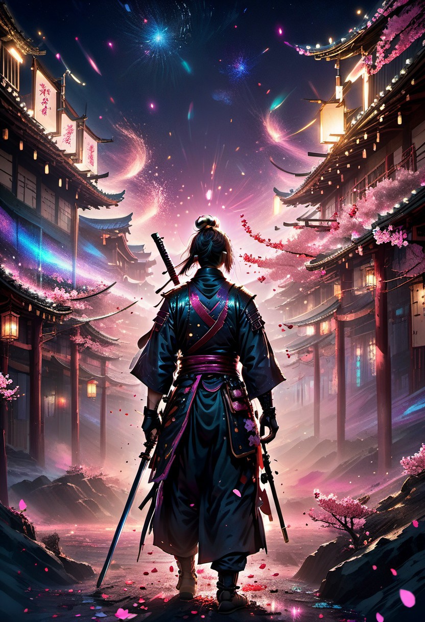 score_9, score_8_up, score_8, full color painting of samurai army, pink blossom, petals on the wind, far view, night time, stars in the sky,  landscape, dramatic lights,  sparkles around, insane details, intricate details, hyperdetailed, soft cinematic light, dim colors, exposure blend, hdr,
