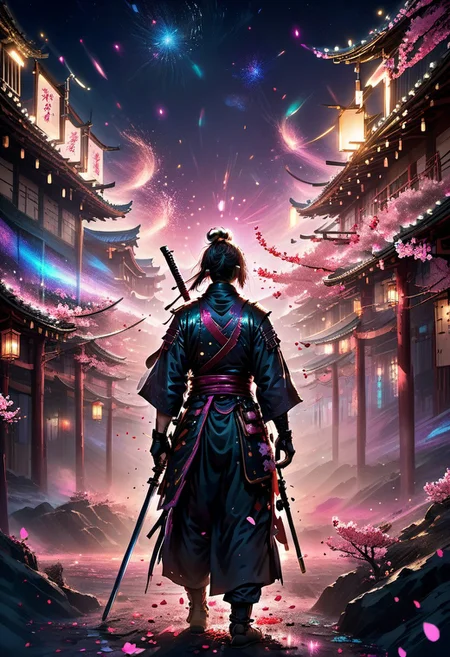 score_9, score_8_up, score_8, full color painting of samurai army, pink blossom, petals on the wind, far view, night time, stars in the sky, landscape, dramatic lights, sparkles around, insane details, intricate details, hyperdetailed, soft cinematic light, dim colors, exposure blend, hdr,