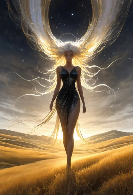 An ethereal being floating gracefully in a surreal, dreamy landscape. The being has a translucent, glowing form, with soft, flowing white and black wisps of energy emanating from its body. It is adorned with delicate gold accents, like shimmering patterns along its arms and torso. The landscape is a tranquil, mist-filled meadow, with soft, rolling hills and a golden horizon. The sky above is a blend of soft pastels, with streaks of black clouds and faint twinkles of stars. Golden light emanates from the being, casting a serene glow across the scene. The atmosphere feels otherworldly, as if time slows in this peaceful, dreamlike realm."
black long flowing hair, pearl white skin
, moody light, by H.R Giger, 4k resolution digital art trending on Artstation and unreal engine 5, hyperrealism, full body shot, glowing eyes, cinematic, epic, masterpiece, surreal, fantasycore, hyperdetailed, ultra realistic, octane render, volumetric lighting, depth of field, bokeh, 8 <lora:Details:0.85>
