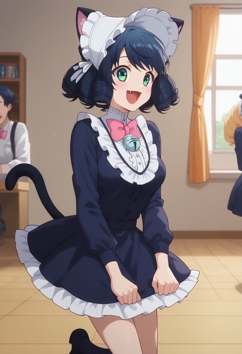 score_9, score_8_up, score_7_up, professional anime,1girl,solo,(Cyan from Show by rock!),perfect body,short girl,petite,<lora:show_by_rock_cyan:1>,1girl, short hair, black hair, green eyes, cat ears, cat tail, short dress, pink bowtie, long sleeves, bonnet, curly hair,medium breasts,happy,jumping