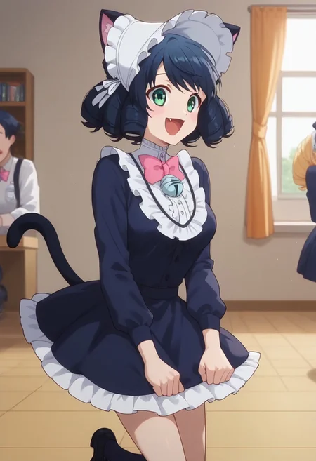 score_9, score_8_up, score_7_up, professional anime,1girl,solo,(Cyan from Show by rock!),perfect body,short girl,petite,<lora:show_by_rock_cyan:1>,1girl, short hair, black hair, green eyes, cat ears, cat tail, short dress, pink bowtie, long sleeves, bonnet, curly hair,medium breasts,happy,jumping