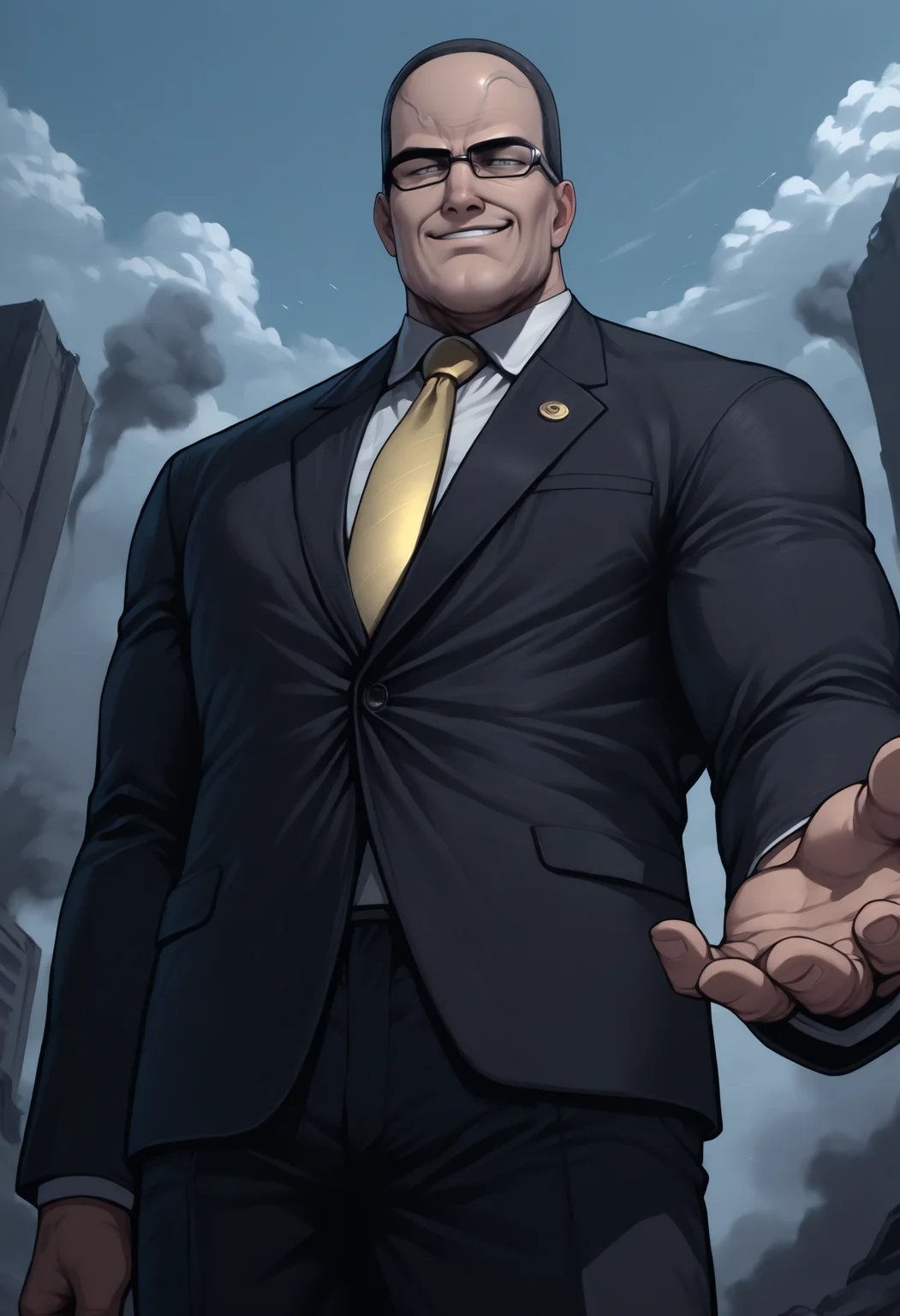 masterpiece, best quality, 1boy, grey eyes, buzz cut, black hair, very short hair, manly, mature male, old, double chin, black-framed eyewear, veins,
formal, black suit, business suit, yellow necktie, white collared shirt, black pants,
looking at viewer, grin, serious, reaching out, reaching towards viewer, offering hand,
outdoors, day, low-angle view, smoke, clouds,
<lora:Senator-Armstrong-NoobAi-1.1_V1-Manityro-CAME:1.0>