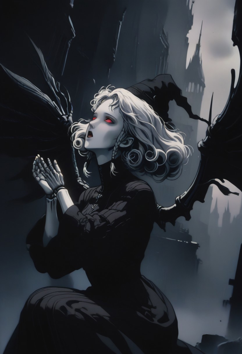 score_9, score_8_up, score_7_up, rating_questionable, D4rkR3troSc1f1, 1girl, agratsmtvv, curly hair, grey hair, twin braids, colored skin, grey skin, red eyes, pointy ears, witch hat, black dress, detached sleeves, black wings, doll joints, solo, kneeling, from side, looking up, (hands up, arms raised), head tilted, android body, exposed android joints, white hair, (mechaincal wings:1.2),open mouth, head tilted up, dark background, post-apocalyptic, cityscape