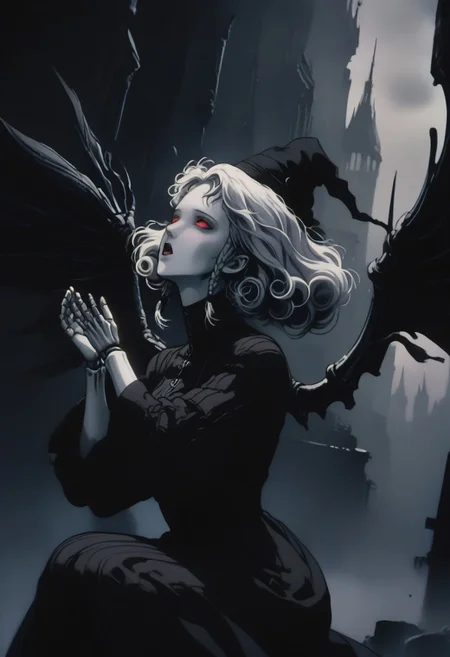 score_9, score_8_up, score_7_up, rating_questionable, D4rkR3troSc1f1, 1girl, agratsmtvv, curly hair, grey hair, twin braids, colored skin, grey skin, red eyes, pointy ears, witch hat, black dress, detached sleeves, black wings, doll joints, solo, kneeling, from side, looking up, (hands up, arms raised), head tilted, android body, exposed android joints, white hair, (mechaincal wings:1.2),open mouth, head tilted up, dark background, post-apocalyptic, cityscape