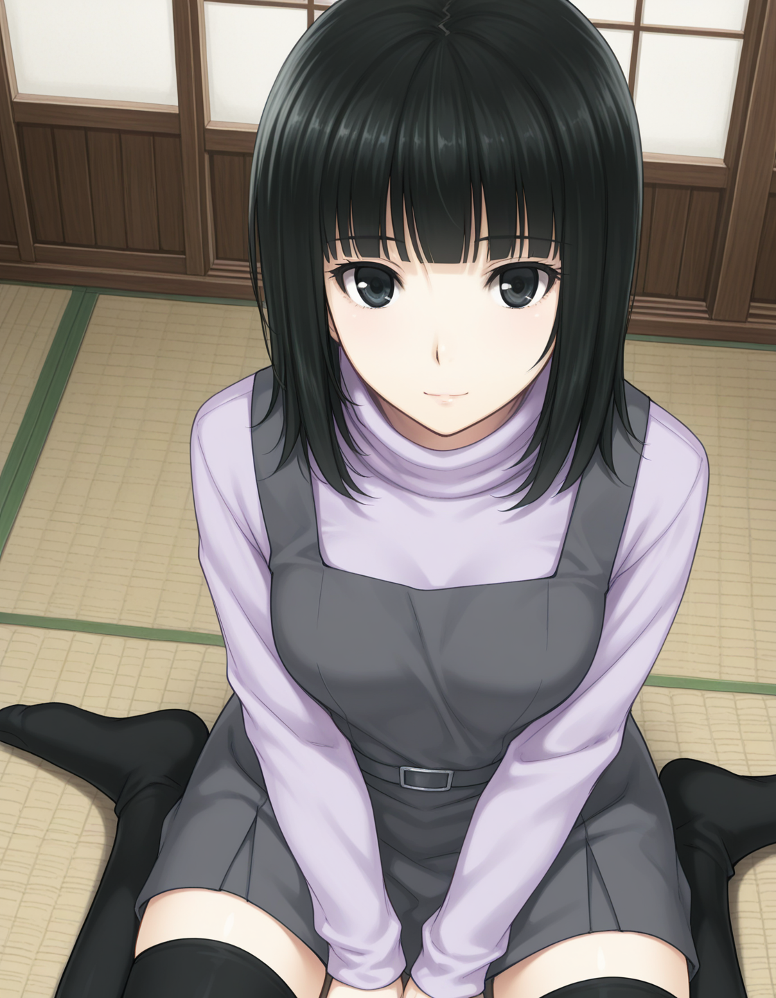 1girl, solo, takamiya meguri, black hair, medium hair, blunt bangs, black eyes, light smile, light purple sweater, long sleeves, turtleneck, grey pinafore dress, black thighhighs, wariza, sitting on tatami, looking at viewer, (from above:0.2), three quarter view, cowboy shot, indoors, japanese room, light theme <lora:takamiya_meguri_ilxl_v1:0.7>