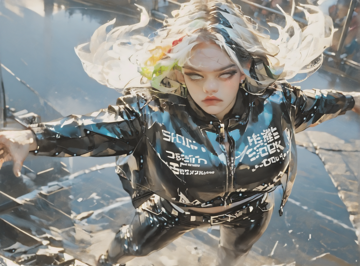 score_9, score_8_up, score_7_up, Fighting scene, shot from above, looking up against all odds, woman, pale skin, huge breasts, <lora:sm0k3XLP:1>, <lora:goth_clothes:1>, Black leather jacket, black leather pants, black riding boots, white highlights, neon hair color, two tone hair, <lora:wtgn:1>, <lora:Niji_mix_style_v2:1>,