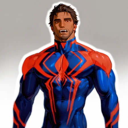<lora:Miguel_Ohara_Spider-Man_2099_Spider-Verse:.5>, 1boy, male, male focus, solo, mature, tan skin, red eyes, dark brown hair, forehead, fangs, five o'clock shadow, stubble, bodysuit, blue bodysuit, blue-and-red bodysuit, red details, spider design, broad shoulders, bara, muscular, large pectorals, large biceps, small waist, hairy
(very short hair, beard, bara, mature, facial hair, stubble, beard, full beard, sideburn, beard, a lot of beard, ), facial hair,male focus, muscular male, muscular male, bara, mature,  bara, mature, aixiwuganda_(20222192), very awa, masterpiece, best quality, absurdres, newest, perfect quality, detailed background, intricate details,
<lora:slider_Body Type_alpha1.0_rank4_noxattn_last:3><lora:Anime Summer Days 2 Style SDXL_LoRA_Pony Diffusion V6 XL:.6><lora:slider_cfg_scale_boost:.7><lora:Artist6p:.55>, Artist6p, Artist04p,<lora:slider_il_brightness_slider_d1:-1><lora:slider_il_contrast_slider_d1:-1><lora:slider_DarkSlider1.2_alpha1.0_rank16_full_300steps:-.6>