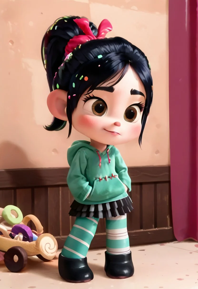 score_9, score_8_up, score_7_up, ((best quality, masterpiece, hi res, perfect hands, perfect eyes, perfect skin, perfect foot, focus face)) <lora:Vanellope:1> VanellopeWR, 1girl, solo, skirt, black hair, pantyhose, hood, hoodie, candy, ponytail, striped, striped pantyhose, black eyes, green hoodie, black skirt, stuffed toy, long sleeves, brown eyes, flat chest, young, short, shortstack,