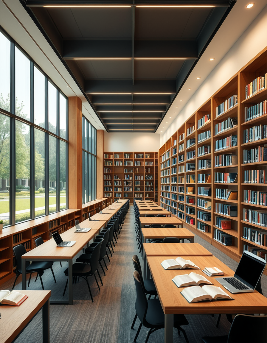 A high-resolution, ultra-realistic photograph of a modern college library interior. The scene showcases a spacious, open-plan design with large floor-to-ceiling windows allowing natural daylight to flood the space. The architectural style is contemporary, featuring minimalist furniture with clean lines: sleek wooden tables, ergonomic chairs in neutral tones (gray and beige), and built-in bookshelves made of light oak wood.
In the foreground, a group of diverse students (varied ethnicities and genders) are quietly studying, some using laptops, others reading books, with focused, calm expressions. One student is sipping coffee from a reusable cup.
The background displays rows of neatly organized books, indoor plants adding a touch of greenery, and modern pendant lights hanging from the ceiling, providing warm, ambient lighting. The floor is covered with soft gray carpet, and large abstract paintings decorate the walls, contributing to a cozy and intellectual atmosphere.
The overall mood is peaceful, studious, and inspiring, with balanced natural and artificial lighting, crisp details, and realistic textures, captured as if by a professional architectural photographer using a full-frame camera.
 <lora:SDXLFaeTastic2400:0.4> <lora:extremely_detailed:0.4> extremely detailed,<lora:modern_c0ll3g3_l1br4ry:1>,modern c0ll3g3 l1br4ry, Masterpiece,best quality,hi res,8k,hi res,8k,award winning,(sharp focus, intricate, highly detailed),