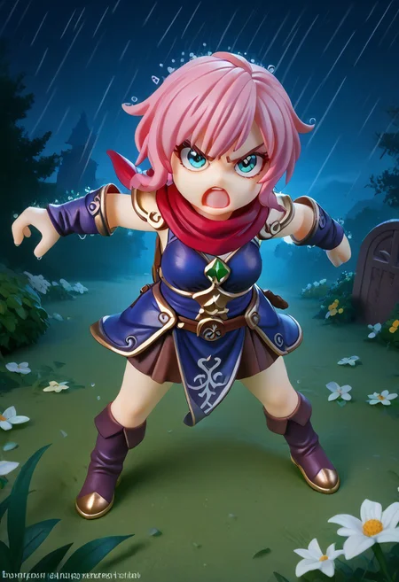 score_9, score_8_up, score_7_up, score_6_up, score_5_up, score_4_up, 1girl, Gnome, short stature, big eyes and ears, pink hair, fauxhawk, blue eyes, dark skin, outdoors, night, dark, cloudy, night sky, ((rain)), wet, wet clothes, wet hair, cloudy, detailed, beautiful, cute eyes, open mouth, warrior armor, shield, fantasy armor, green jewel on breastplate, red scarf flapping in wind, large brown backpack, 4fingers, fist, glade, flowers, trees, standing on grass, angry, determined, fight, from above, high angle, heroic, graveyard, skeletons,