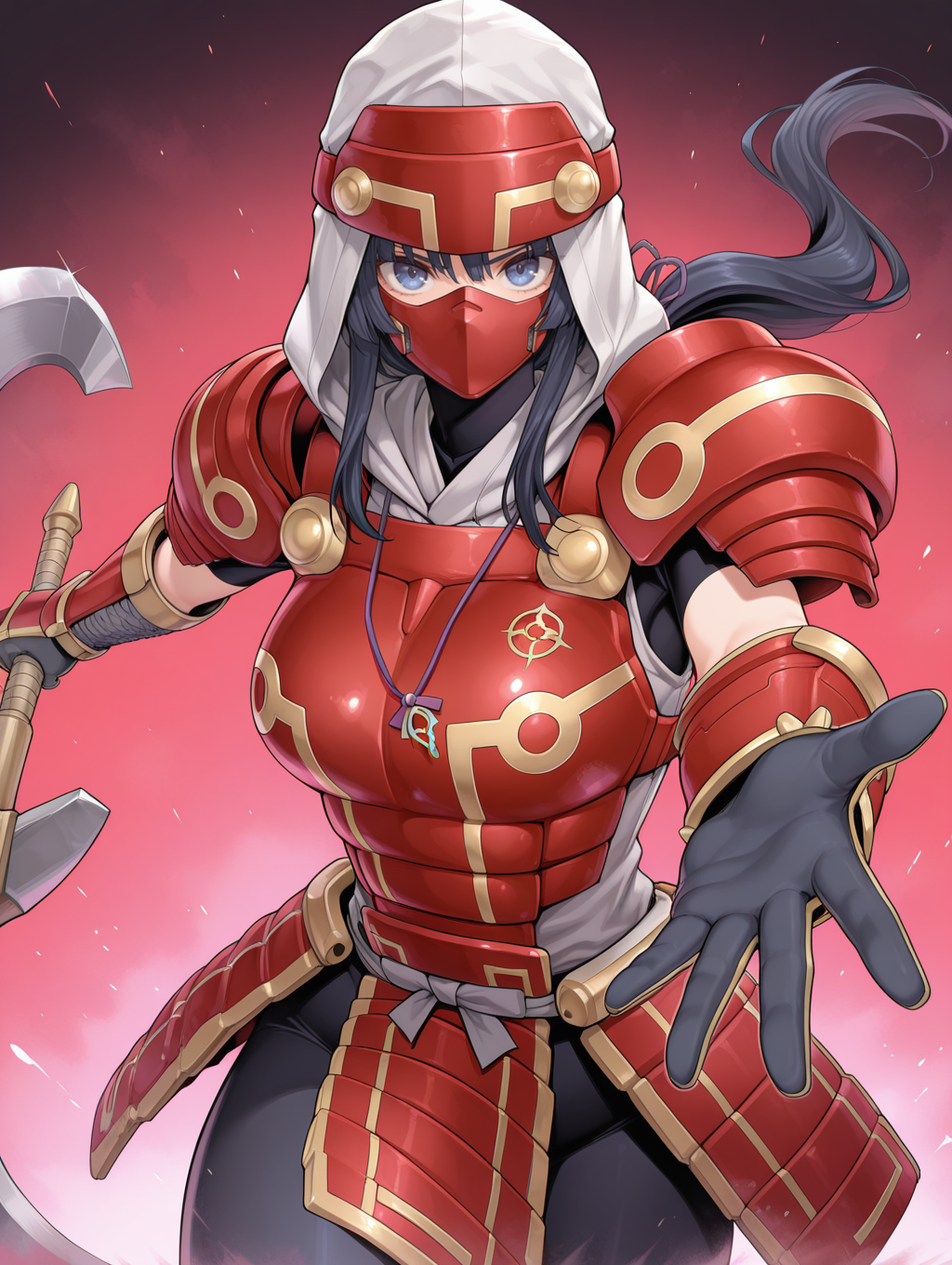 legendary six samurai - mizuho,solo,axe,looking at viewer,outstretched hand,low ponytail,red mouth mask,holding axe,1girl,red shoulder armor,red armored gloves,red breastplate,white shirt,white hood,purple necklace,
masterpiece,best quality,amazing quality,very aesthetic,absurdres,newest,<lora:Legendary Six Samurai - Mizuho illuXL v1:0.75>,